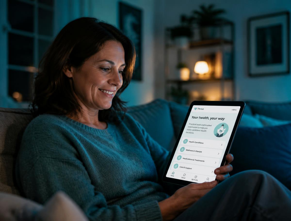 Person reading Healthcake recommendations on a tablet at home