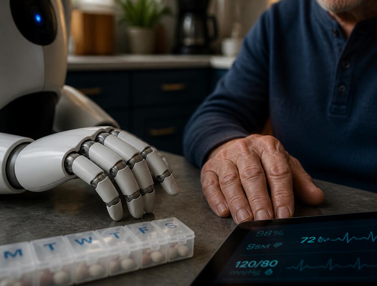 Robot hand beside a patient's hand next to a pill organizer and vitals tablet